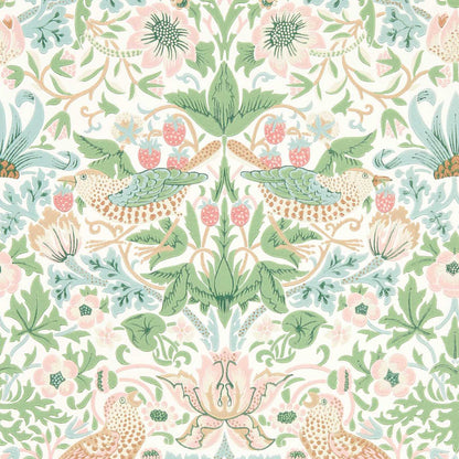 William Morris Strawberry Thief wallpaper in cochineal pink by Morris & Co featuring birds and strawberries in a detailed botanical pattern with hand-block printed look, ideal for luxury interiors, feature walls, and classic English décor.