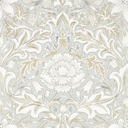 Luxury William Morris damask wallpaper in soft Dove tones by Morris & Co. featuring elegant acanthus leaves and a central floral motif inspired by historic English interiors. Extra wide vintage wallpaper ideal for bedroom walls, dining rooms, living rooms, cottagecore homes, traditional interiors, and sophisticated statement walls.