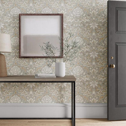 Luxury William Morris damask wallpaper in soft Dove tones by Morris & Co. featuring elegant acanthus leaves and a central floral motif inspired by historic English interiors. Extra wide vintage wallpaper ideal for bedroom walls, dining rooms, living rooms, cottagecore homes, traditional interiors, and sophisticated statement walls.