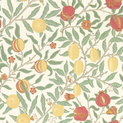 William Morris Fruit Wallpaper in Bayleaf/Russet by Morris & Co featuring ripened pomegranates, leafy branches, and detailed botanical motifs in rich green and warm russet tones. Classic Arts & Crafts wallpaper ideal for living rooms, dining rooms, bedrooms, studies, and elegant feature walls.