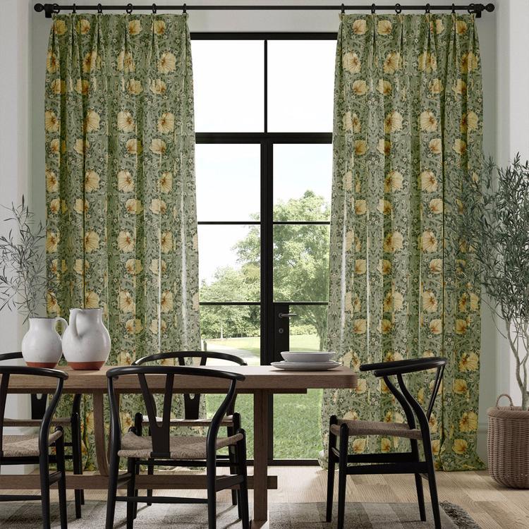 Morris & Co. Pimpernel fabric (MSIM226899) in Bayleaf/Manilla: detailed leaves and trees pattern on fine cotton/linen blend, 54.7″ wide upholstery & drapery textile — ideal for custom cushions, curtains & furniture.