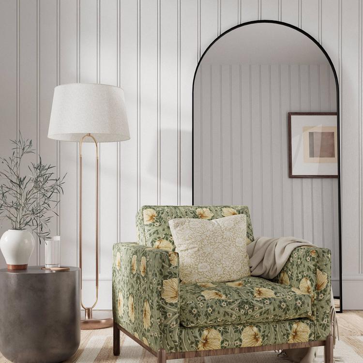 Morris & Co. Pimpernel fabric (MSIM226899) in Bayleaf/Manilla: detailed leaves and trees pattern on fine cotton/linen blend, 54.7″ wide upholstery & drapery textile — ideal for custom cushions, curtains & furniture.