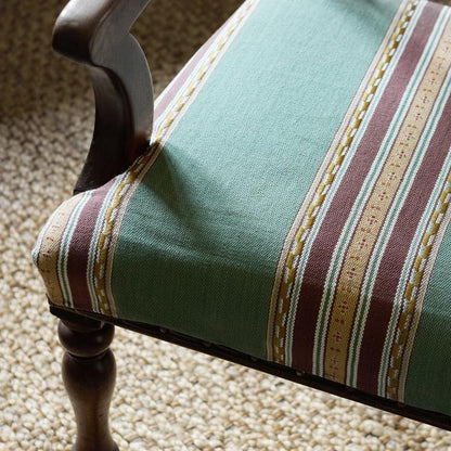 Morris & Co. Pimlico Stripe Fabric in Teal/Mulberry showing rich woven stripe, chevron and central motif in 70% linen / 30% cotton — ideal for elegant upholstery, drapery and luxury interior projects.