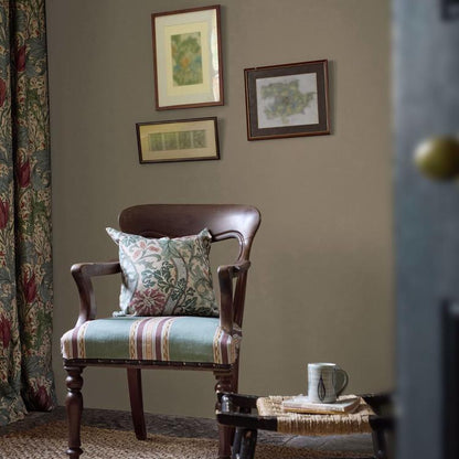 Morris & Co. Pimlico Stripe Fabric in Teal/Mulberry showing rich woven stripe, chevron and central motif in 70% linen / 30% cotton — ideal for elegant upholstery, drapery and luxury interior projects.