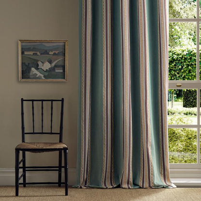 Morris & Co. Pimlico Stripe Fabric in Teal/Mulberry showing rich woven stripe, chevron and central motif in 70% linen / 30% cotton — ideal for elegant upholstery, drapery and luxury interior projects.