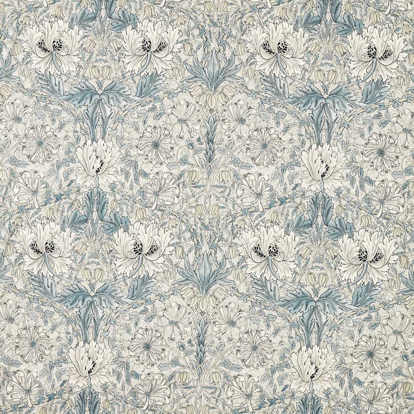 MORRIS & CO Pure Honeysuckle & Tulip WW Fabric Classic Floral Mineral Blue,Cream   - MSWW227290