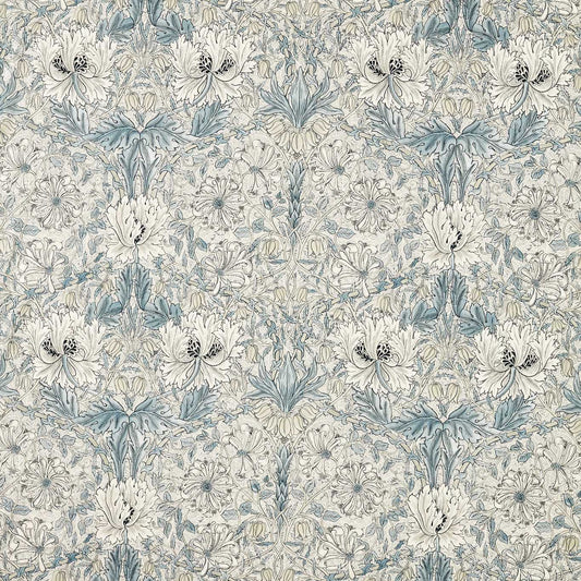 MORRIS & CO Pure Honeysuckle & Tulip WW Fabric Classic Floral Mineral Blue,Cream   - MSWW227290