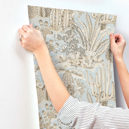 York Wallcoverings Montecito Lotus Land Cacti Sky Blue Wallpaper Eclectic Novelty Blues   - MT5634