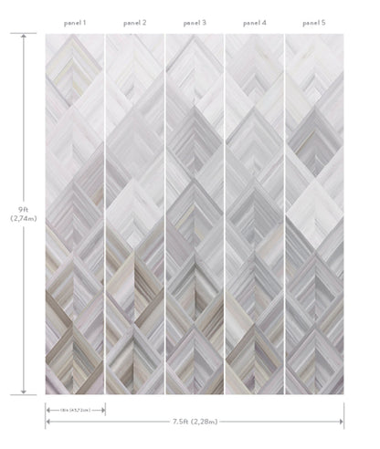 Diamond parquet grey wall mural, five-panel design in cool gray tones, 9ft high by 7.5ft wide.
