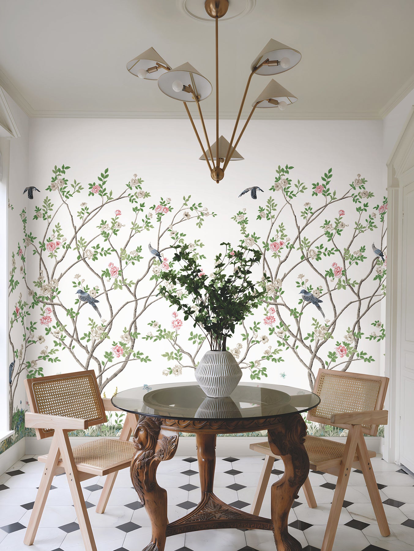 Lingering Garden White wall mural (York Wallcoverings MU0317M) showing delicate floral and Asian garden motifs in white/off-white with green, blue and pink accents, installed on an accent wall in a Dining room.