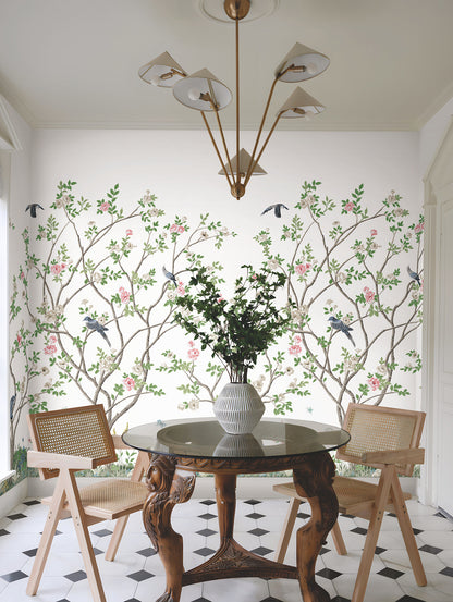 Lingering Garden White wall mural (York Wallcoverings MU0317M) showing delicate floral and Asian garden motifs in white/off-white with green, blue and pink accents, installed on an accent wall in a Dining room.