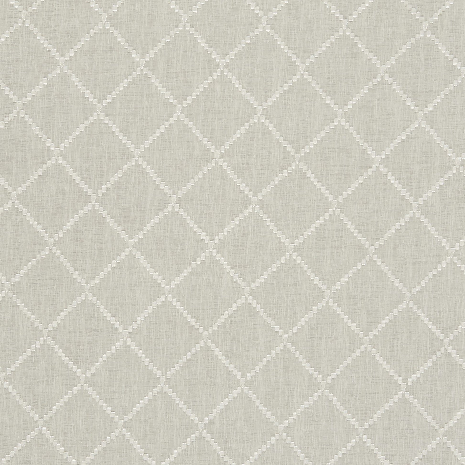 Beige linen-textured fabric with a white dotted diamond lattice pattern; neutral geometric upholstery material.