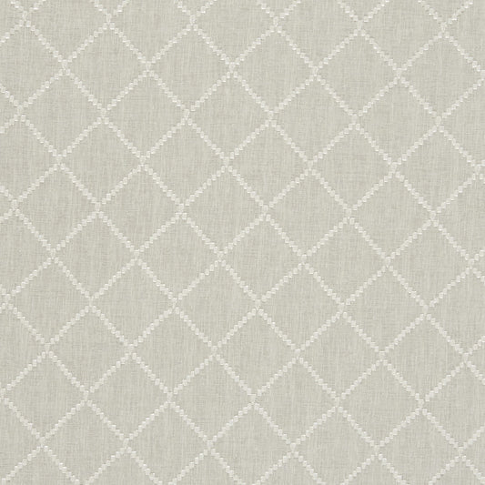 Beige linen-textured fabric with a white dotted diamond lattice pattern; neutral geometric upholstery material.