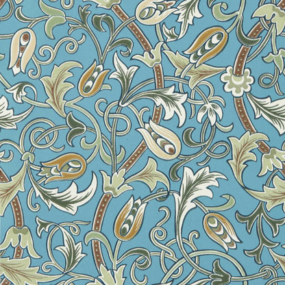 William Morris Scrolling Tulip Wallpaper in Woad/Thyme by Morris & Co featuring elegant interlacing tulip flowers and acanthus leaves in soft blue and green tones. A timeless Arts & Crafts botanical wallpaper ideal for living rooms, bedrooms, dining rooms, hallways, and sophisticated feature walls.