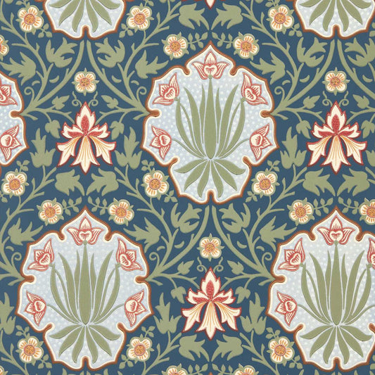MORRIS & CO Iris & Rose Wallpaper Classic Floral Indigo,Thyme   - MUNW217568