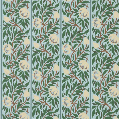 Repeating botanical wallpaper featuring a peony trellis with green leaves on a soft blue background.