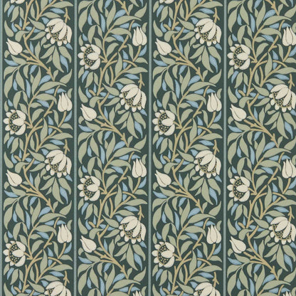 William Morris Peony Trellis wallpaper in Bayleaf Slate by Morris & Co featuring botanical floral trellis stripes and ogee pattern, ideal for luxury interior design, classic English décor, and elegant feature walls.
