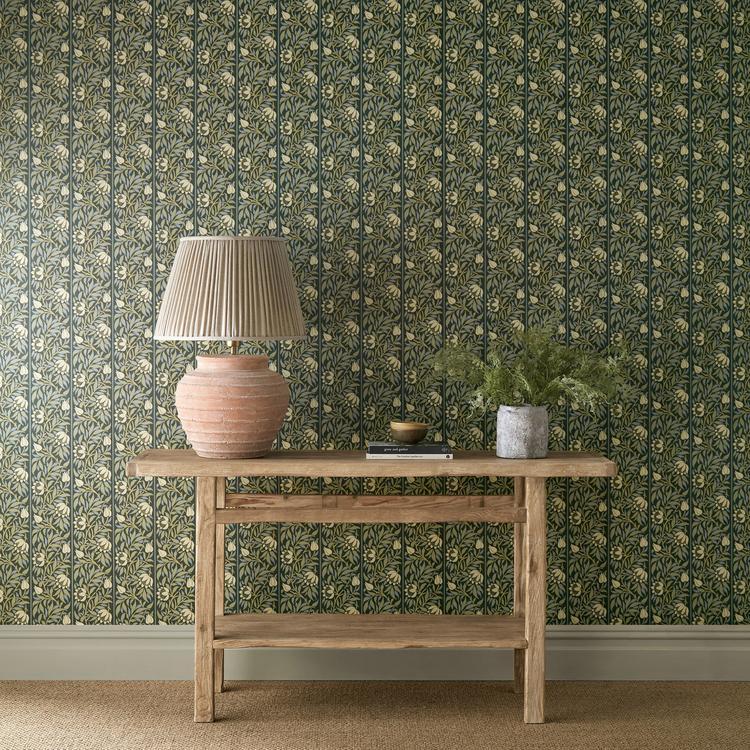 William Morris Peony Trellis wallpaper in Bayleaf Slate by Morris & Co featuring botanical floral trellis stripes and ogee pattern, ideal for luxury interior design, classic English décor, and elegant feature walls.