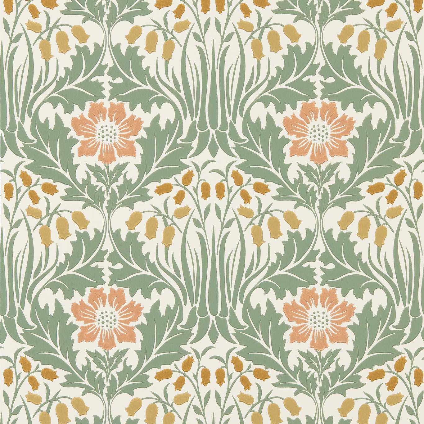 MORRIS & CO Woodbell & Anemone Wallpaper Classic Floral Rose,Sage   - MUNW217573