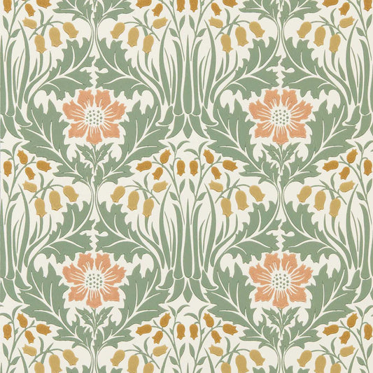 MORRIS & CO Woodbell & Anemone Wallpaper Classic Floral Rose,Sage   - MUNW217573
