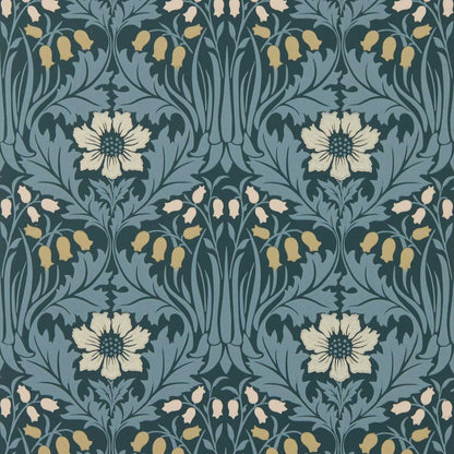 Woodbell & Anemone Indigo wallpaper by Morris & Co featuring William Morris floral ogee pattern with anemones and bluebells, heritage Arts and Crafts botanical wallpaper, richly textured surface printed design ideal for feature walls, bedrooms, dining rooms, and luxury interior décor.