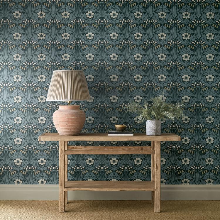 Woodbell & Anemone Indigo wallpaper by Morris & Co featuring William Morris floral ogee pattern with anemones and bluebells, heritage Arts and Crafts botanical wallpaper, richly textured surface printed design ideal for feature walls, bedrooms, dining rooms, and luxury interior décor.