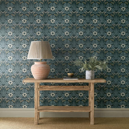 Woodbell & Anemone Indigo wallpaper by Morris & Co featuring William Morris floral ogee pattern with anemones and bluebells, heritage Arts and Crafts botanical wallpaper, richly textured surface printed design ideal for feature walls, bedrooms, dining rooms, and luxury interior décor.