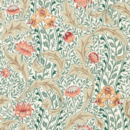 Luxury botanical floral wallpaper in Coral/Teal by Morris & Co. featuring elegant wild tulips, winding vines, stylized flowers, and ornate scrollwork inspired by historic English interiors. Vintage-inspired wallpaper for bedroom walls, dining rooms, powder rooms, cottagecore homes, Victorian decor, maximalist interiors, and luxury statement walls.