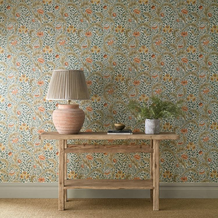 Luxury botanical floral wallpaper in Coral/Teal by Morris & Co. featuring elegant wild tulips, winding vines, stylized flowers, and ornate scrollwork inspired by historic English interiors. Vintage-inspired wallpaper for bedroom walls, dining rooms, powder rooms, cottagecore homes, Victorian decor, maximalist interiors, and luxury statement walls.
