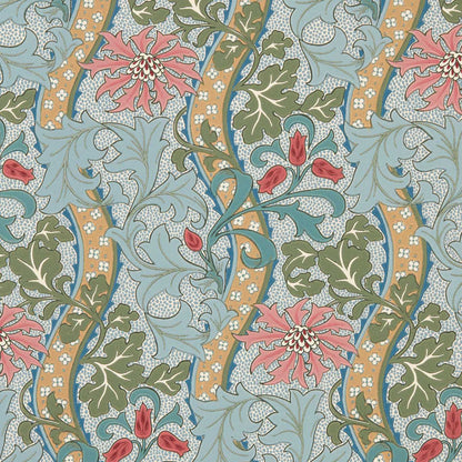 Morris & Co. Cornflower Wallpaper in Rose/Woad featuring an elegant Arts & Crafts floral design by John Henry Dearle with flowing vines, tulips, daisies, acanthus leaves, and cornflowers on a dotted background. Designer wallpaper ideal for feature walls, staircases, living rooms, bedrooms, dining rooms, English cottage, vintage, traditional, and heritage-inspired interiors.