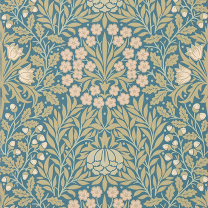 William Morris Daisy & Oak Wallpaper in Powder Blue/Blush with decorative daisy flowers, graceful tulips, and signature acorn accents arranged in a distinctive repeating pattern. Perfect for creating sophisticated feature walls in cottages, heritage homes, and English country-inspired interiors.