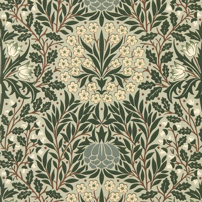 Luxury botanical William Morris wallpaper in Sage and Forest green featuring daisies, tulips, oak leaves, and acorn motifs by Morris & Co. Vintage floral wallpaper for bedroom walls, dining rooms, powder rooms, cottagecore interiors, Victorian homes, maximalist decor, and elegant statement walls.