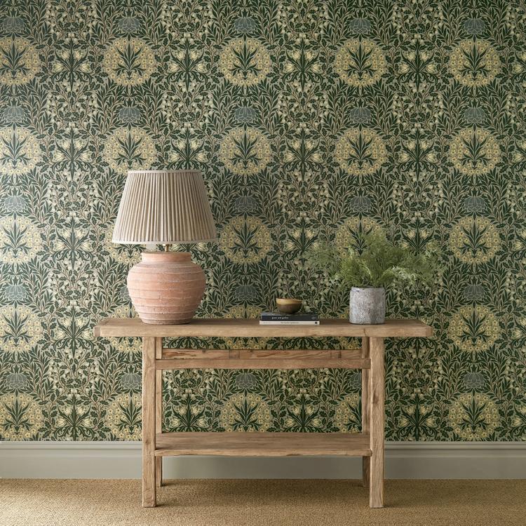 Luxury botanical William Morris wallpaper in Sage and Forest green featuring daisies, tulips, oak leaves, and acorn motifs by Morris & Co. Vintage floral wallpaper for bedroom walls, dining rooms, powder rooms, cottagecore interiors, Victorian homes, maximalist decor, and elegant statement walls.