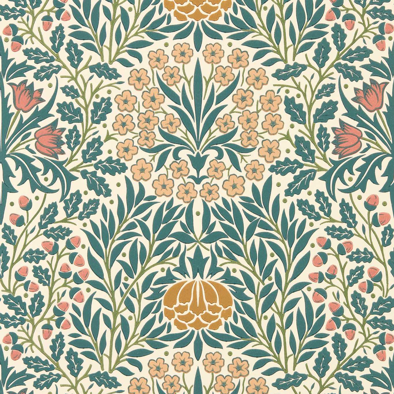 MORRIS & CO Daisy & Oak Wallpaper Classic Floral Madder,Teal   - MUNW217586