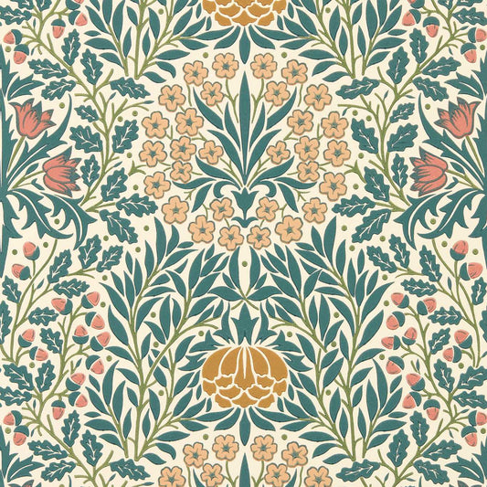 MORRIS & CO Daisy & Oak Wallpaper Classic Floral Madder,Teal   - MUNW217586