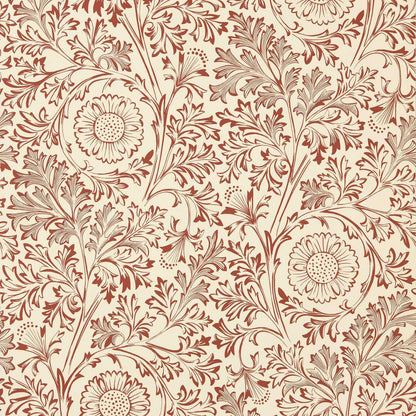 William Morris Chamomile Wallpaper in Flax/Madder by Morris & Co featuring delicate chamomile flowers and fine embroidery-inspired botanical details in warm neutral flax and rich madder tones. Elegant Arts & Crafts wallpaper for living rooms, bedrooms, dining rooms, hallways, and sophisticated feature walls.
