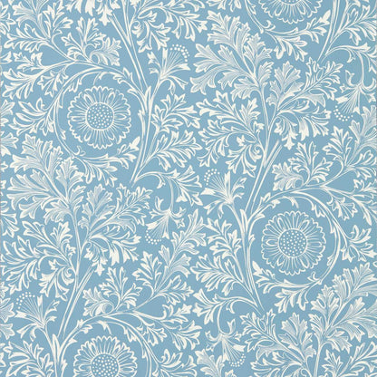 Chamomile Wallpaper by Morris & Co. in China Blue featuring delicate chamomile flowers, fine hand-drawn linework, and an elegant repeating botanical pattern. This luxury blue heritage wallpaper inspired by William Morris artwork creates a timeless Arts & Crafts look for bedrooms, living rooms, dining spaces, and statement walls.