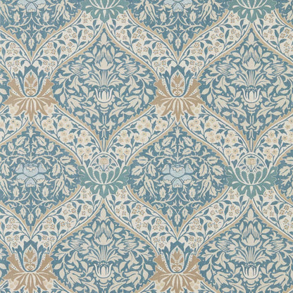 Norbury Wallpaper by Morris & Co. in Woad and Linen featuring an elegant ogee damask pattern with detailed floral borders, leafy motifs, and subtle linen-inspired texture. A sophisticated Arts & Crafts heritage wallpaper design inspired by William Morris style, perfect for traditional and modern luxury interiors including bedrooms, living rooms, dining rooms, and studies.
