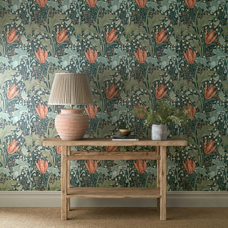 Lent Lily wallpaper by Morris & Co in Indigo Madder featuring intricate botanical floral patterns, luxury designer wallpaper for living rooms, bedrooms, feature walls, and elegant interior design projects.