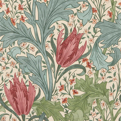 Lent Lily Wallpaper in Plum and Bayleaf by Morris & Co featuring William Morris floral design with stylised tulips, acanthus swirls, and wild daffodils, heritage Arts and Crafts botanical wallpaper, richly detailed surface printed pattern ideal for feature walls, bedrooms, dining rooms, and luxury interior décor.