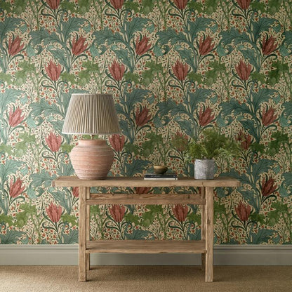 Lent Lily Wallpaper in Plum and Bayleaf by Morris & Co featuring William Morris floral design with stylised tulips, acanthus swirls, and wild daffodils, heritage Arts and Crafts botanical wallpaper, richly detailed surface printed pattern ideal for feature walls, bedrooms, dining rooms, and luxury interior décor.