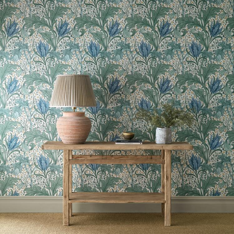Lent Lily Wallpaper by Morris & Co. in Cornflower Blue featuring bold tulip flowers, miniature daffodils, and flowing acanthus leaf motifs. A luxury Arts & Crafts botanical wallpaper inspired by William Morris watercolor artwork, perfect for elegant bedrooms, living rooms, dining rooms, and feature walls.