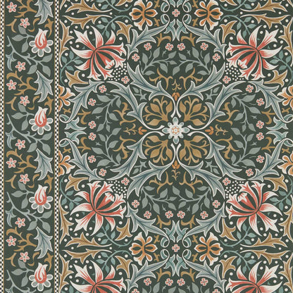 Walthamstow Wallpaper by Morris & Co. in Forest & Teal featuring mirrored botanical motifs with honeysuckles, daisies, acanthus leaves, and a checkerboard border. Digitally printed FSC-certified wallpaper inspired by William Morris for elegant living rooms, bedrooms, dining rooms, and feature walls.