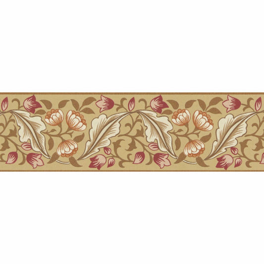 MORRIS & CO Bluebell & Peony Border Wallpaper Classic Floral Gold,Madder   - MUNW217608