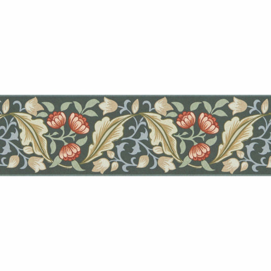 MORRIS & CO Bluebell & Peony Border Wallpaper Classic Floral Bayleaf,Manilla   - MUNW217609