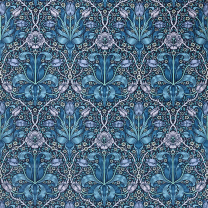 Morris & Co. Spring Thicket Velvet Fabric in Midnight/Lilac featuring flowing botanical foliage and elegant tulip flowers in deep midnight blue, soft lilac, and muted natural tones. Luxurious cotton velvet designer fabric ideal for drapes, window shades, upholstery, headboards, decorative pillows, cushions, and classic English-inspired interiors.