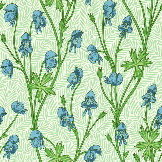 MORRIS & CO Monkshood Wallpaper Contemporary, Floral Cobalt,Goblin Green  Surflex-Printed Wallpaper - MVOW217343