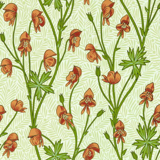 MORRIS & CO Monkshood Wallpaper Contemporary, Floral Tangerine,Sage  Surflex-Printed Wallpaper - MVOW217345