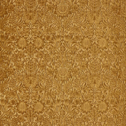 William Morris Sunflower Caffoy Velvet Fabric in Sussex Rush featuring rich golden sunflower floral motifs with flowing vine patterns on a luxurious velvet surface. This Morris & Co upholstery fabric is inspired by the 1879 Sunflower wallpaper design and is ideal for high-end drapery, cushions, headboards, roman shades, and luxury interior design projects requiring durable, decorative velvet.