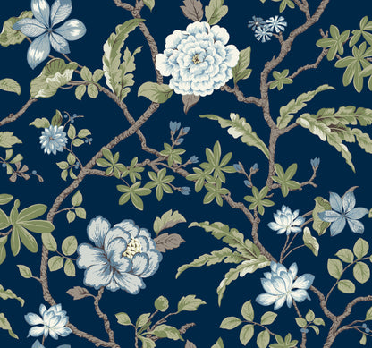 York Wallcoverings Astoria Courtyard Botanical Navy Wallpaper Traditional Botanical Blues   - MX9652